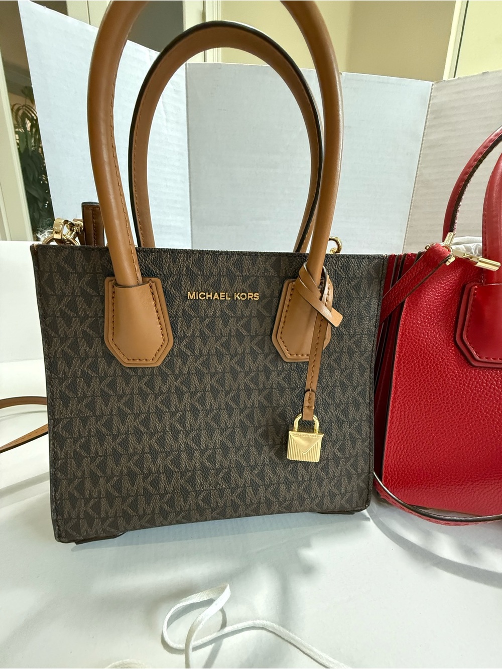 Michael Kors Small Hard Sided Brown MK Monogram Satchel with Tan Handles Dustbag